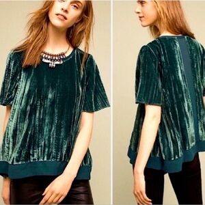 ANTHROPOLOGIE XS Emerald Green Short Sleeve Crushed Velvet Swing Babydoll Top